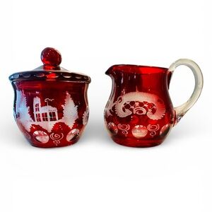 EGERMANN BOHEMIAN CZECH CRYSTAL RUBY RED CUT TO CLEAR CREAMER AND SUGAR BOWL